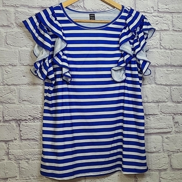Shein  Bold Blue Striped Ruffle Sleeve Blouse Large - Picture 1 of 8